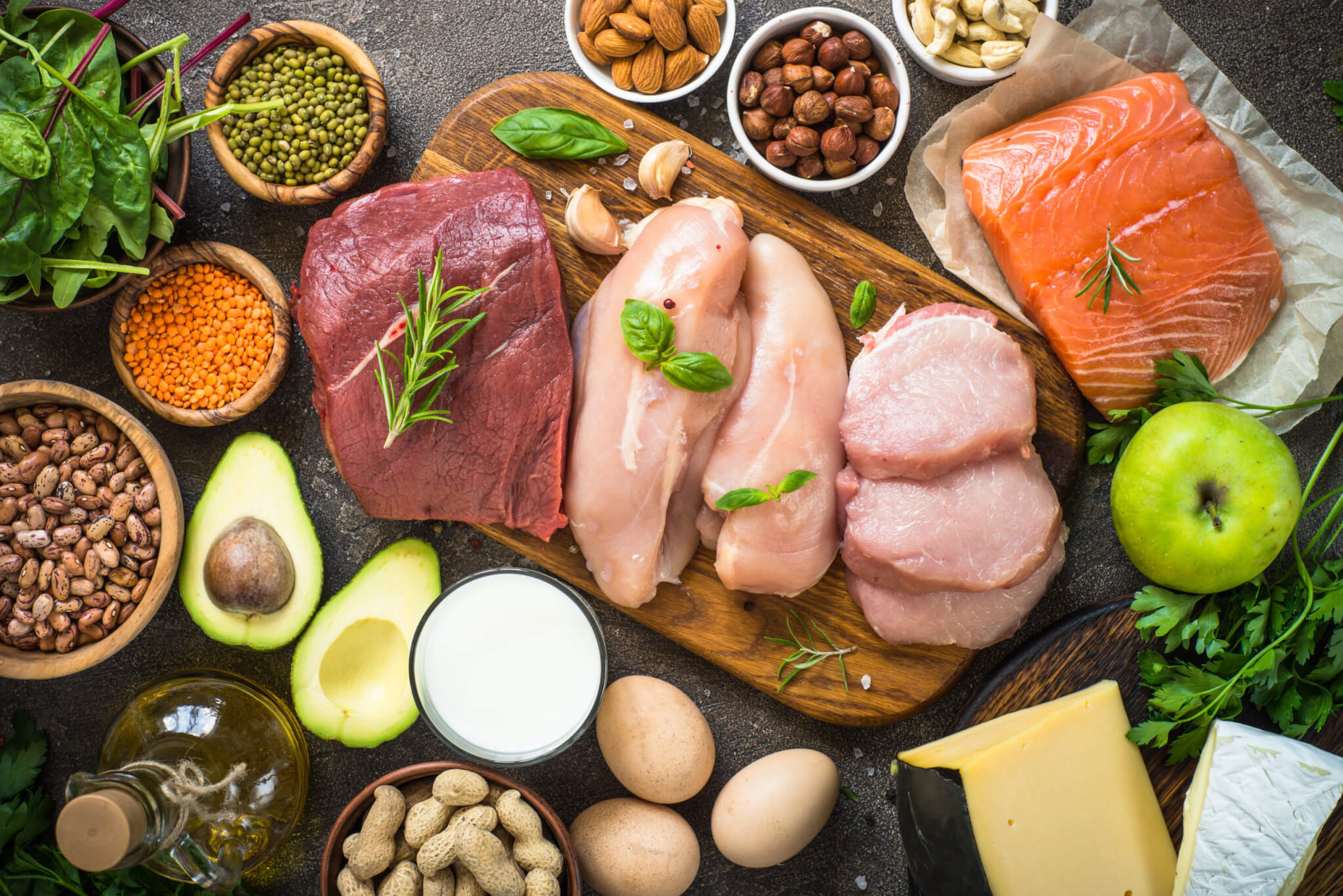 Protein sources - meat, fish, cheese, nuts, beans and greens.