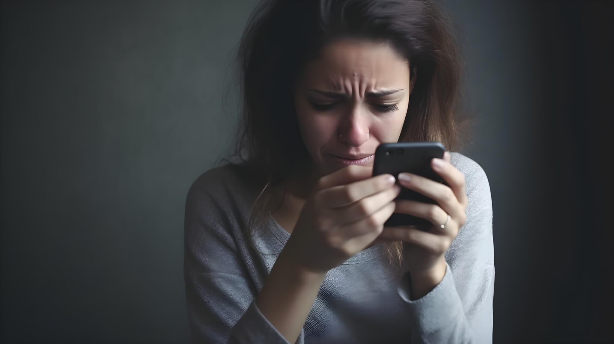 Woman crying while using social media