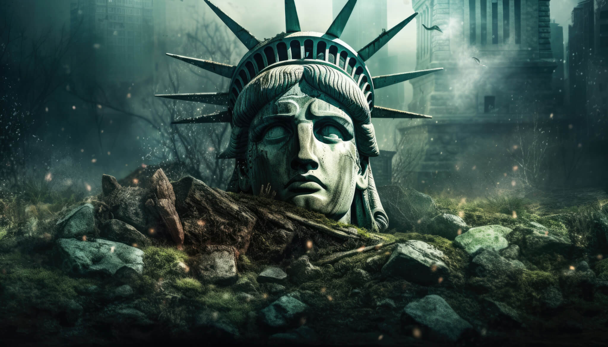 Depiction of doomsday and the Statue of Liberty