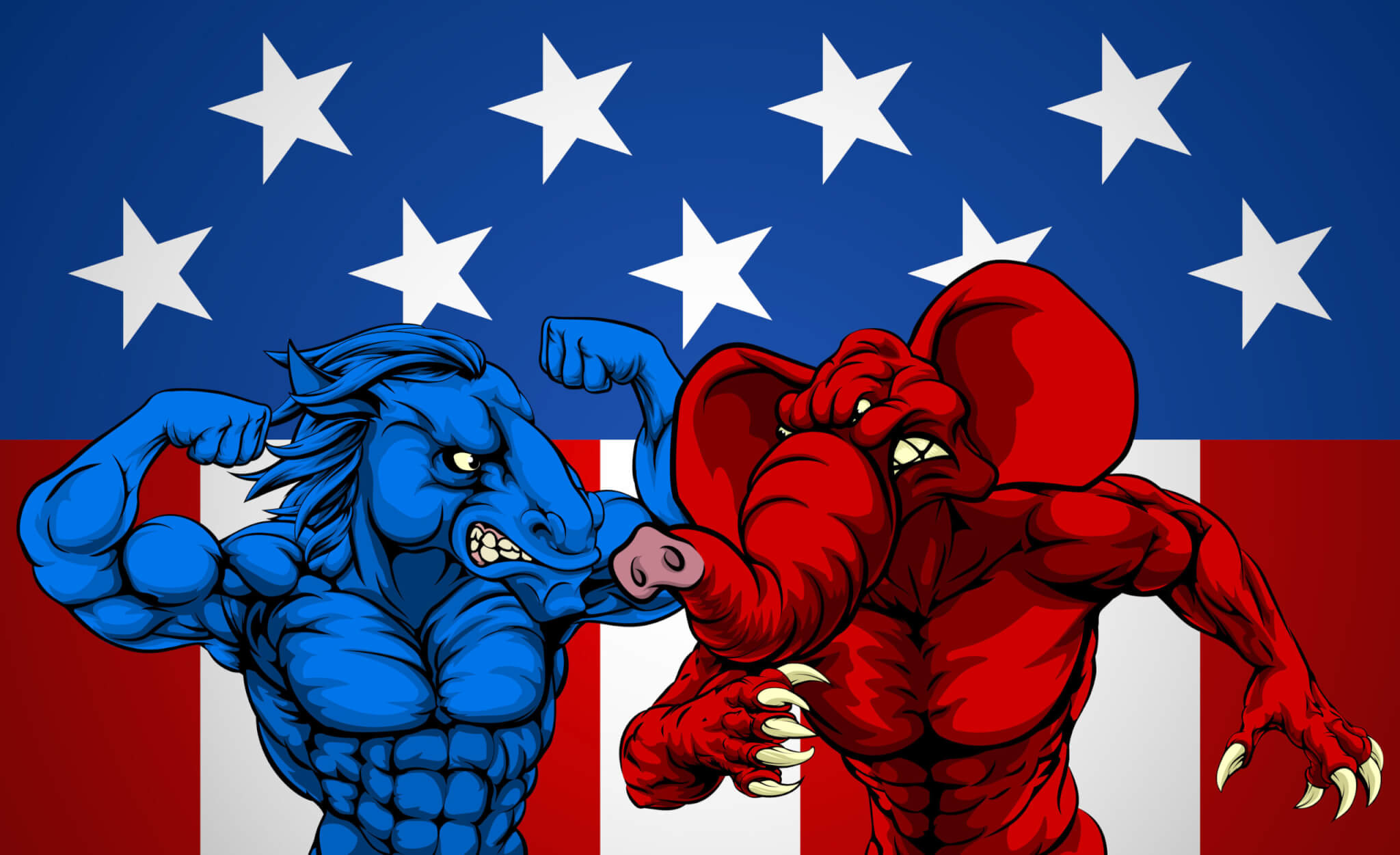 American political fighting: Republican elephant vs Democrat donkey