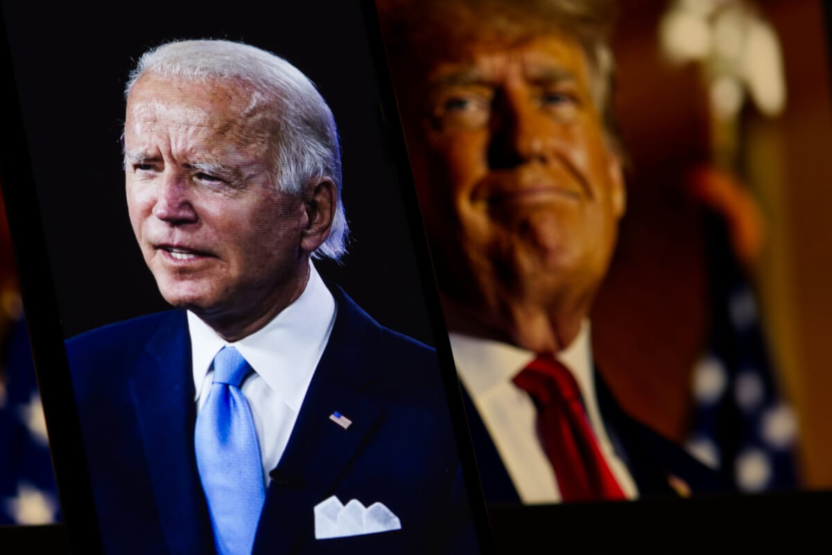 Democratic candidate Joe Biden in the foreground, Republican candidate Donald Trump in the background