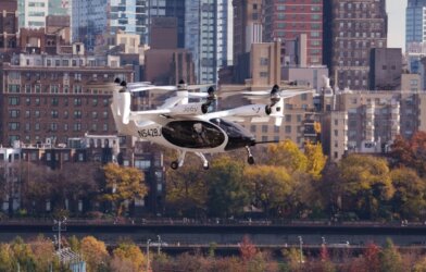 Joby’s electric air taxi in the skies above New York City