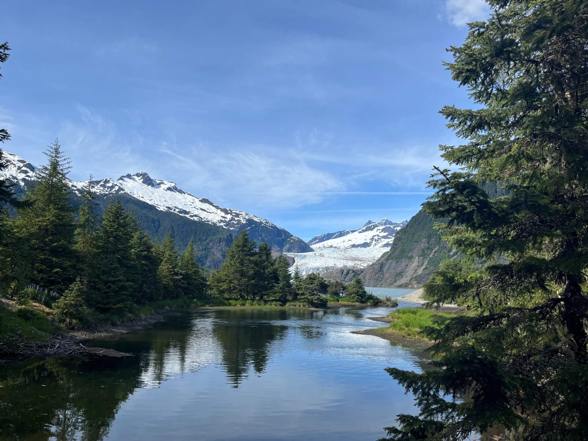 snowy mountains and a lake