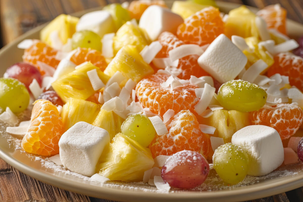 Close up of fruit salad with marshmallow