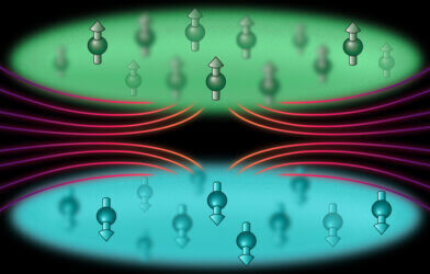 MIT physicists developed a technique to arrange atoms (represented as spheres with arrows) in much closer proximity than previously possible, down to 50 nanometers.