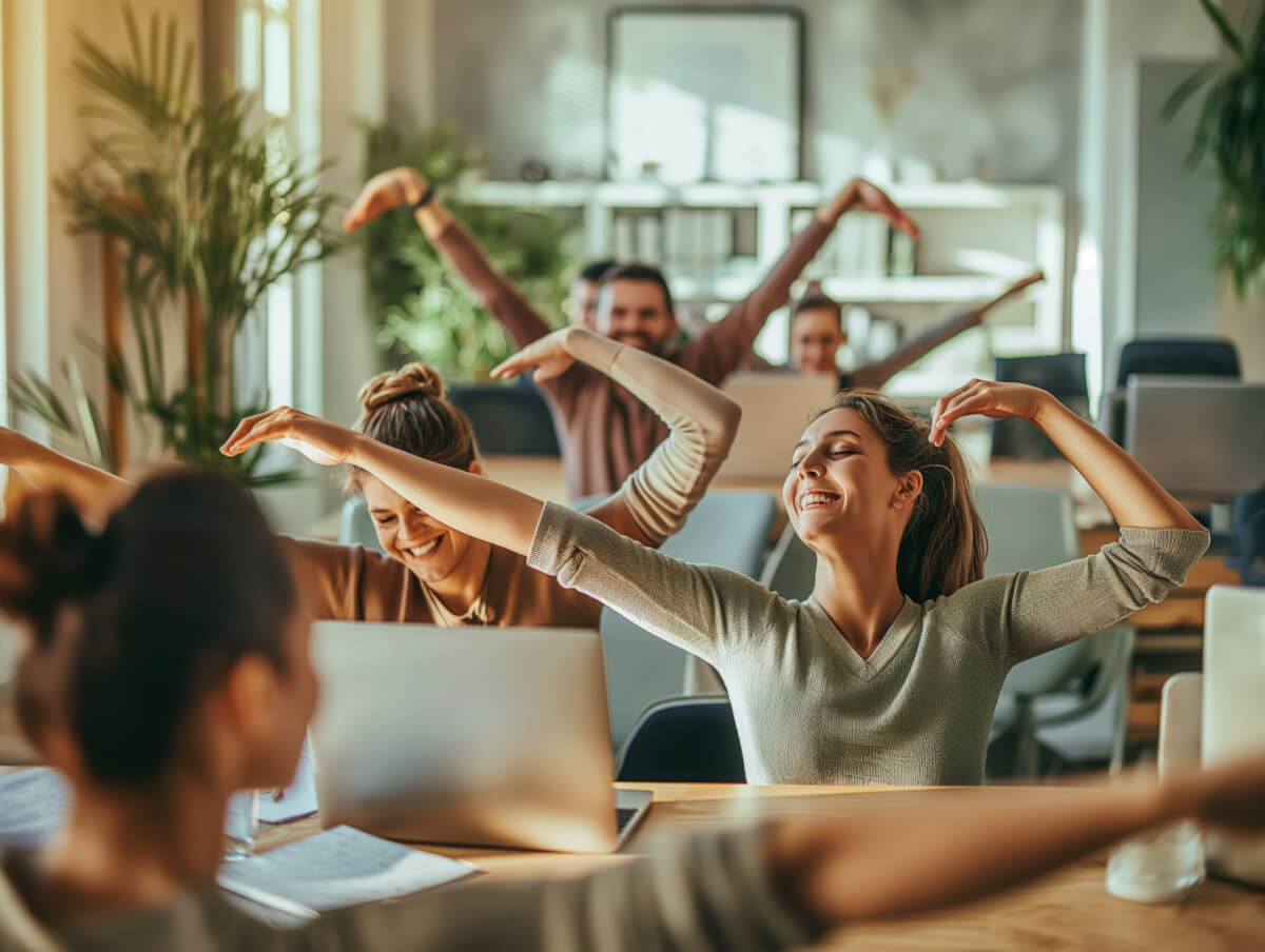 students stretching together in class