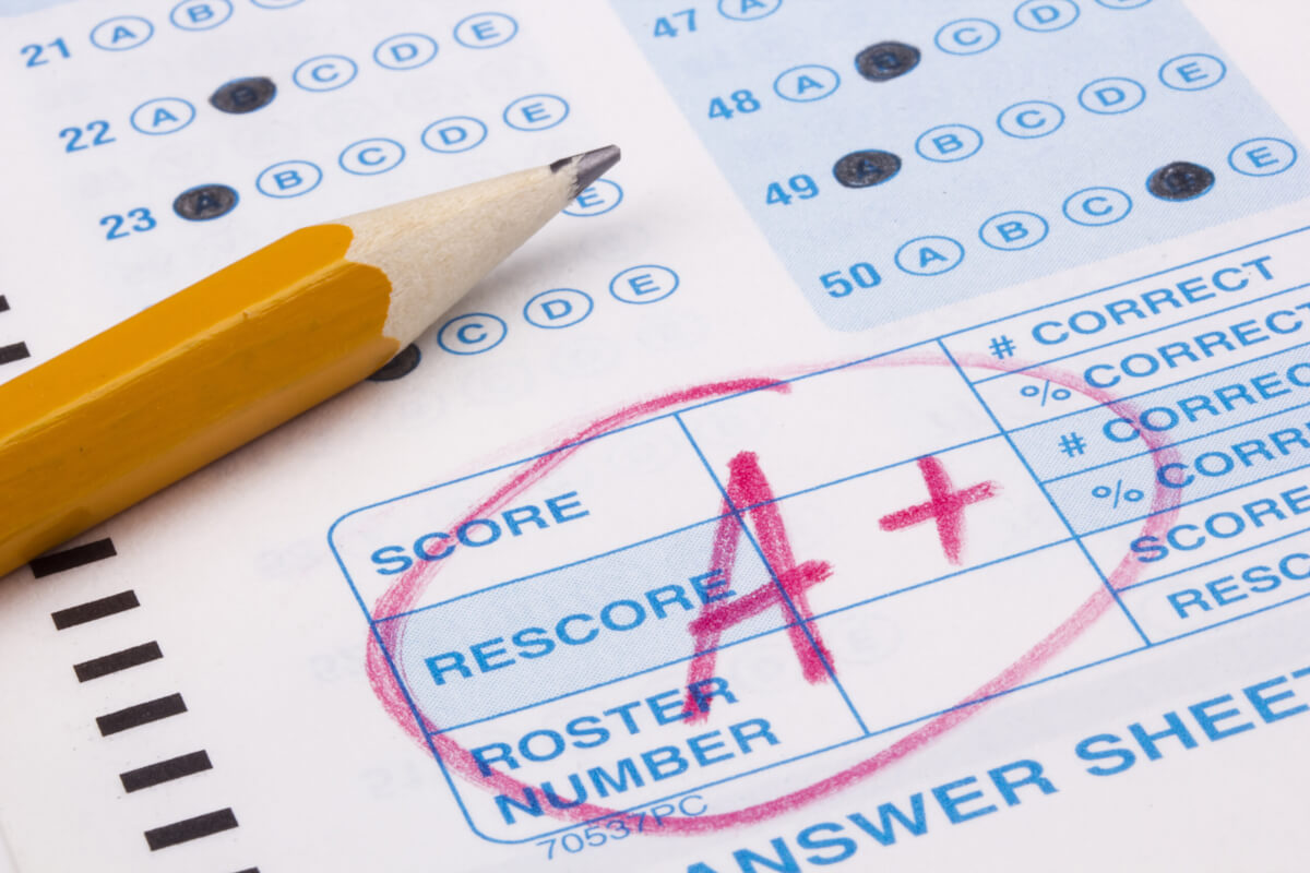 Close-up photograph of a perfect grade on a scantron test.