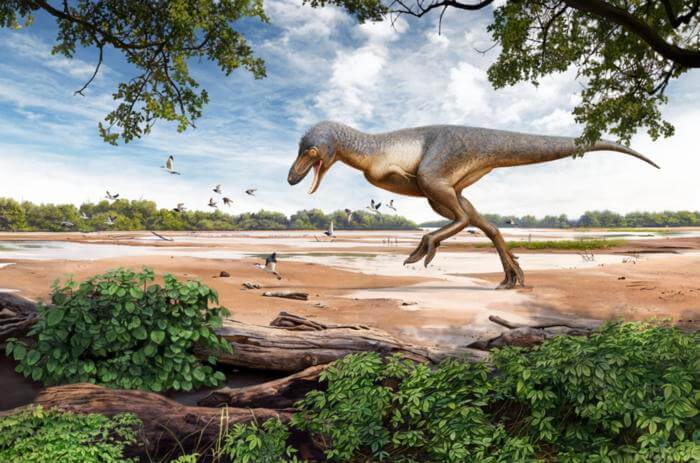 Reconstruction of the ancient 67 million-year-old landscape of North Dakota with a juvenile Tyrannosaurus rex (Teen Rex). 