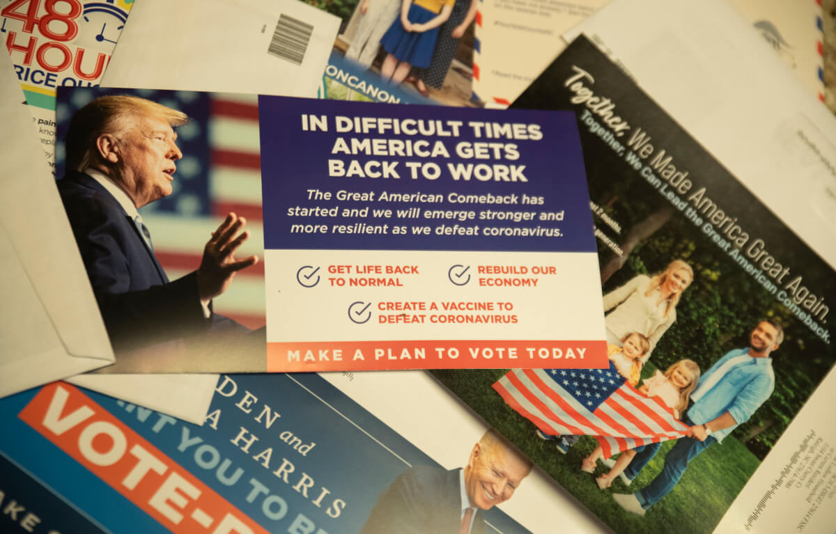 A pile of political mailers on a table in the crucial battleground state of North Carolina.