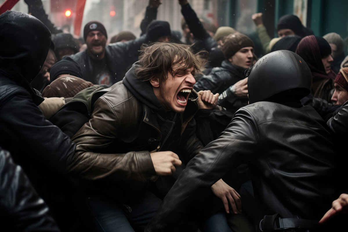 Protesters behaving violently, fighting, damaging buildings and vehicles.