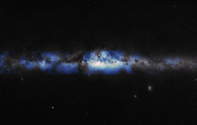 An artist’s composition of the Milky Way seen through a neutrino lens (blue).